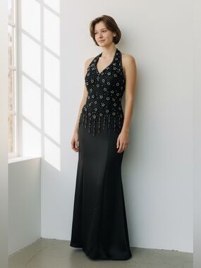 Vintage Creative Creation Black Beaded Halter Maxi Dress